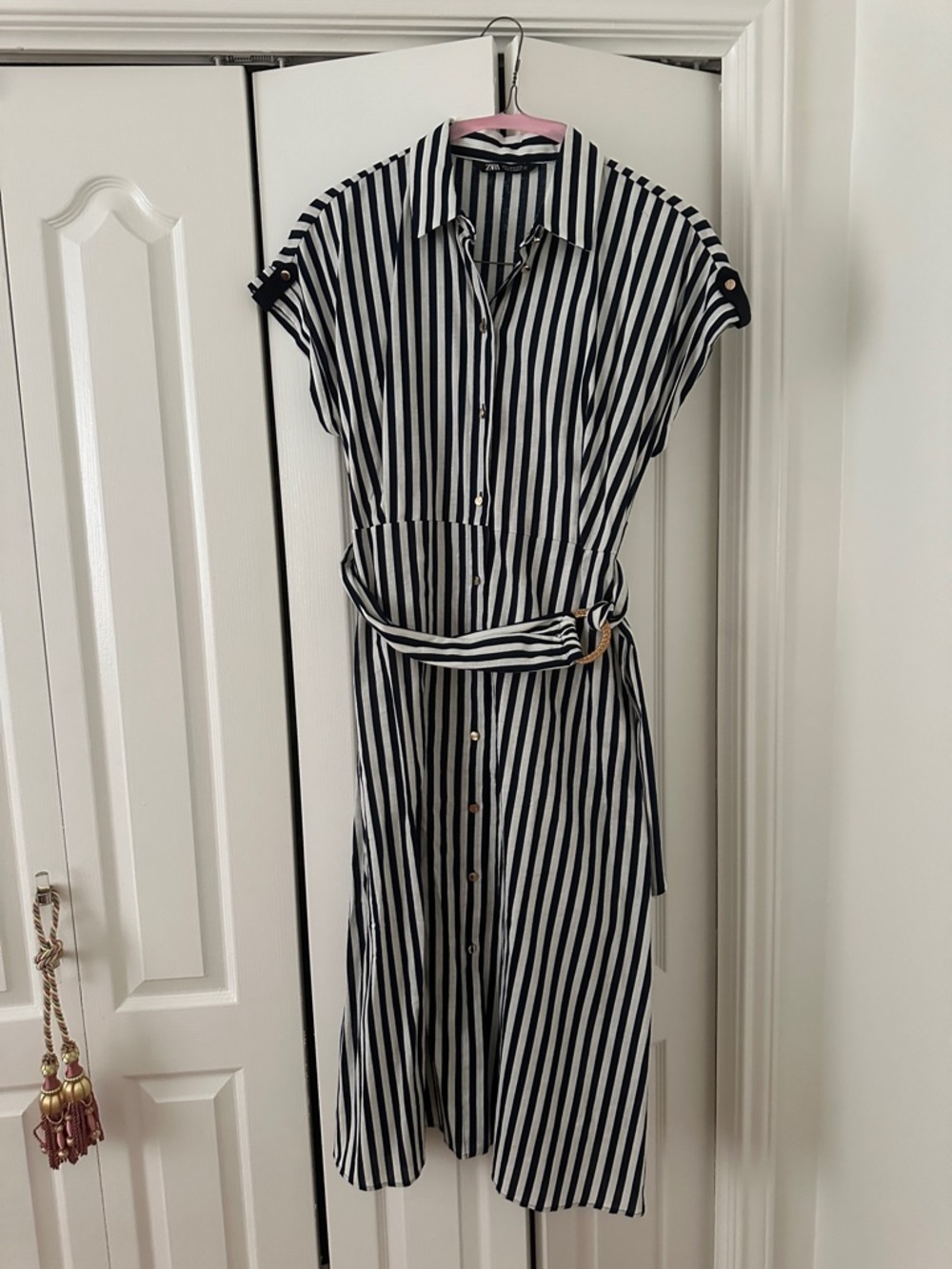 Zara Striped Button-Front Shirt Dress in navy blue and White